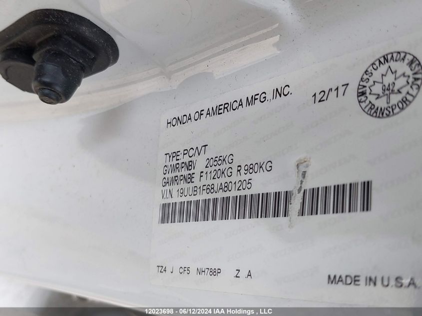 2018 Acura Tlx VIN: 19UUB1F68JA801205 Lot: 12023698