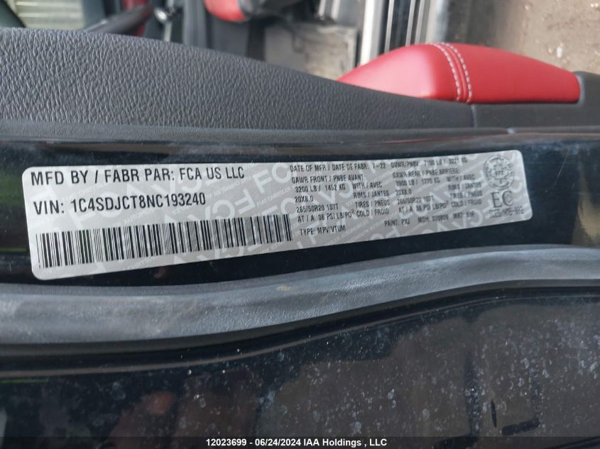 2022 Dodge Durango R/T VIN: 1C4SDJCT8NC193240 Lot: 12023699