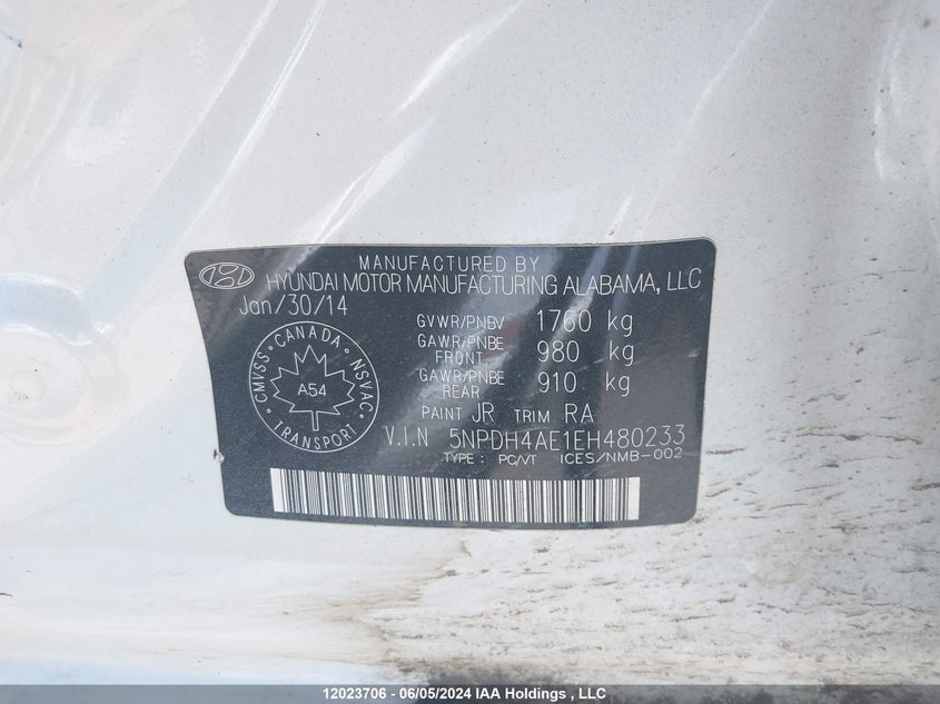 2014 Hyundai Elantra VIN: 5NPDH4AE1EH480233 Lot: 12023706