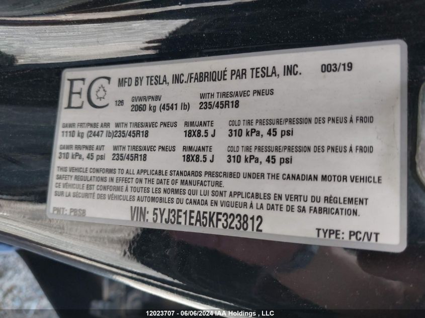 2019 Tesla Model 3 VIN: 5YJ3E1EA5KF323812 Lot: 12023707