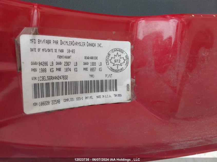2004 Chrysler Sebring Lxi VIN: 1C3EL56RX4N247832 Lot: 12023735