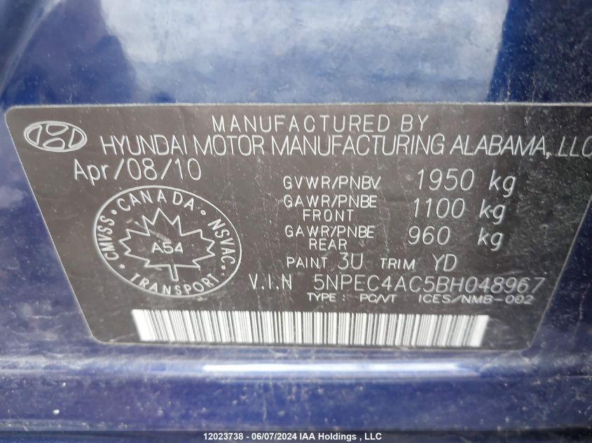 2011 Hyundai Sonata Se/Limited VIN: 5NPEC4AC5BH048967 Lot: 12023738