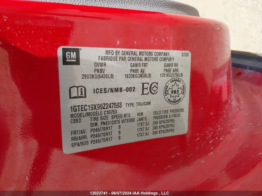 2009 GMC Sierra C1500 VIN: 1GTEC19X99Z247593 Lot: 12023741