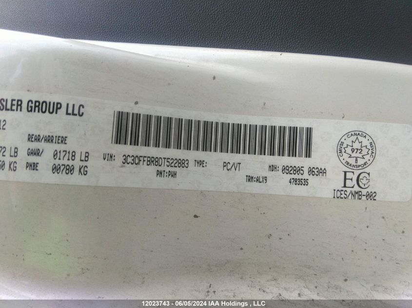 2013 Fiat 500 Sport VIN: 3C3CFFBR8DT522883 Lot: 12023743