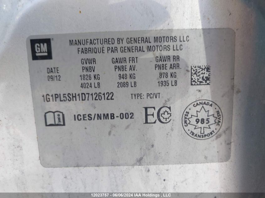 2013 Chevrolet Cruze VIN: 1G1PL5SH1D7126122 Lot: 12023757