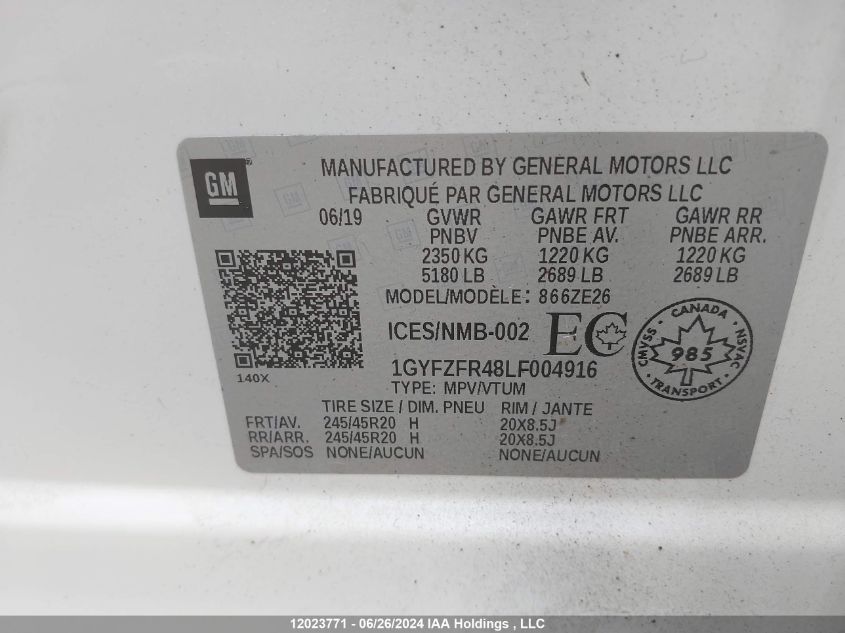 2020 Cadillac Xt4 VIN: 1GYFZFR48LF004916 Lot: 12023771