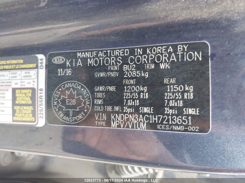 2017 Kia Sportage VIN: KNDPN3AC1H7213651 Lot: 12023773