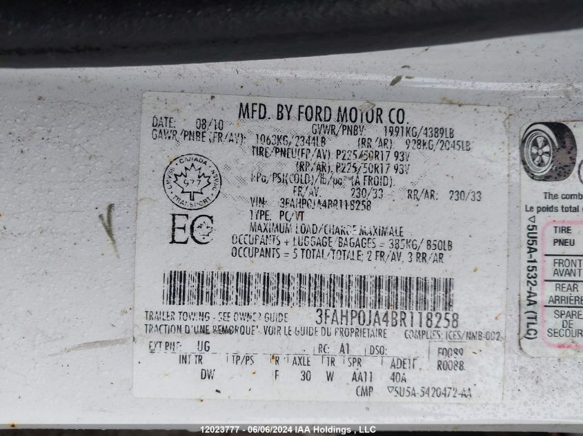 2011 Ford Fusion Sel VIN: 3FAHP0JA4BR118258 Lot: 12023777