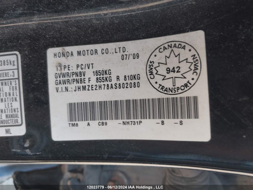 2010 Honda Insight VIN: JHMZE2H78AS802080 Lot: 12023779