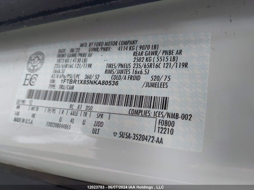 2022 Ford Transit T-250 VIN: 1FTBR1X85NKA80536 Lot: 12023783