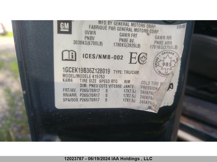 2006 Chevrolet Silverado 1500 VIN: 1GCEK19B36Z128019 Lot: 12023787