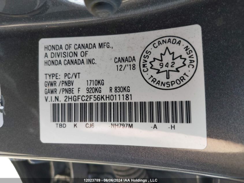 2019 Honda Civic Sedan VIN: 2HGFC2F56KH011181 Lot: 12023789