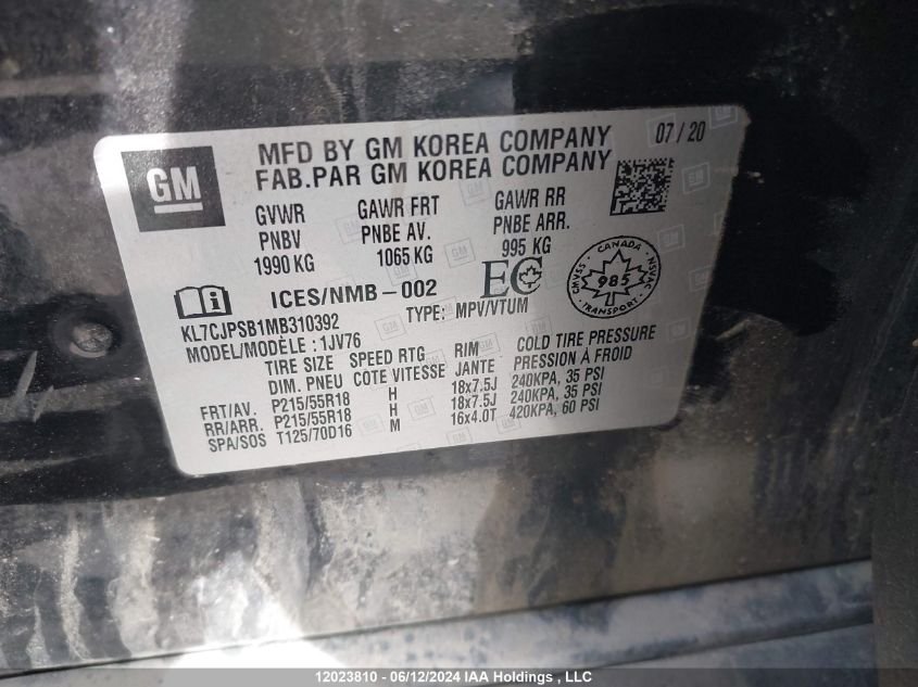 2021 Chevrolet Trax VIN: KL7CJPSB1MB310392 Lot: 12023810