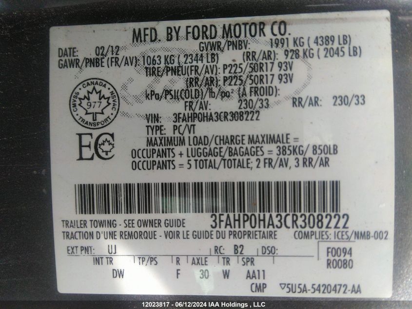 2012 Ford Fusion Se VIN: 3FAHP0HA3CR308222 Lot: 12023817