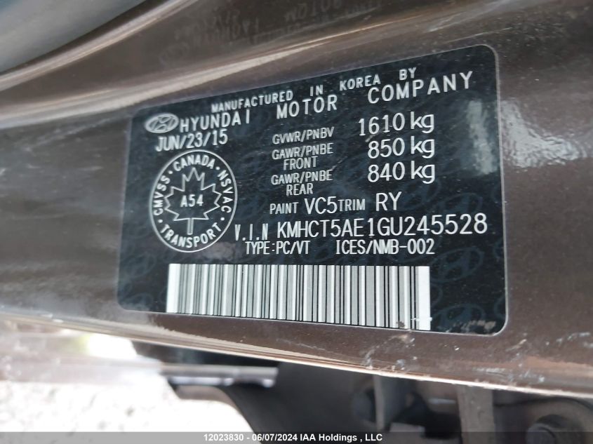 2016 Hyundai Accent VIN: KMHCT5AE1GU245528 Lot: 12023830