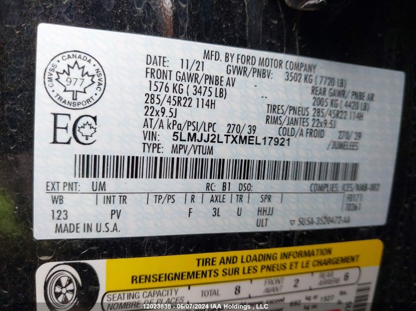 2021 Lincoln Navigator VIN: 5LMJJ2LTXMEL17921 Lot: 12023838