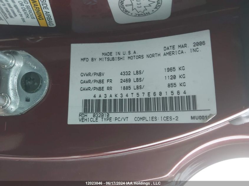 2007 Mitsubishi Eclipse VIN: 4A3AK34T57E601564 Lot: 12023846