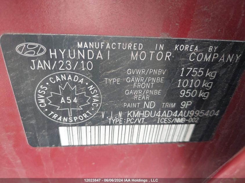 2010 Hyundai Elantra Gls VIN: KMHDU4AD4AU995404 Lot: 12023847