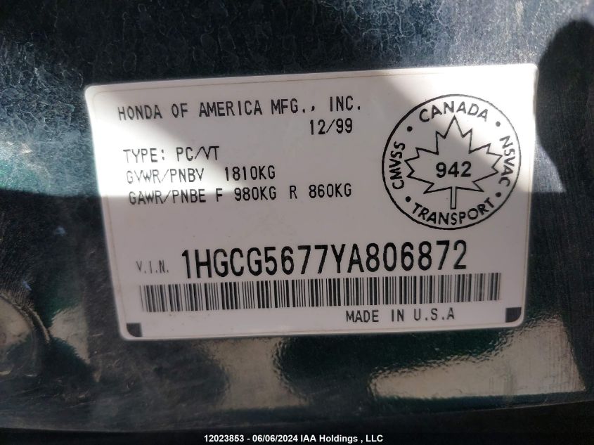 2000 Honda Accord Sdn VIN: 1HGCG5677YA806872 Lot: 12023853