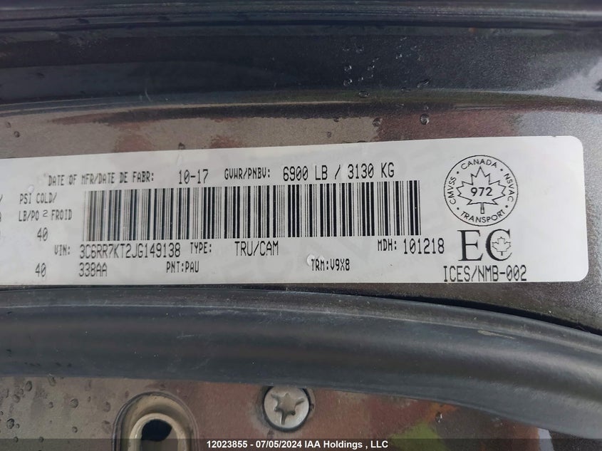 2018 Dodge Ram 1500 VIN: 3C6RR7KT2JG149138 Lot: 12023855