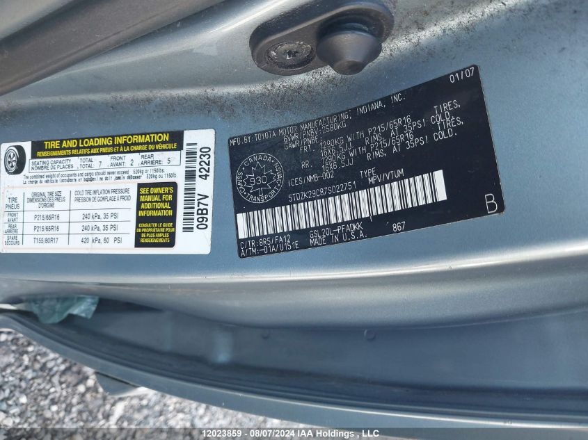 2007 Toyota Sienna VIN: 5TDZK29C87S022751 Lot: 12023859