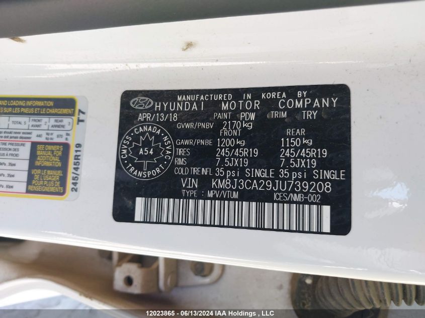 2018 Hyundai Tucson Limited/Sport And Eco/Se VIN: KM8J3CA29JU739208 Lot: 12023865