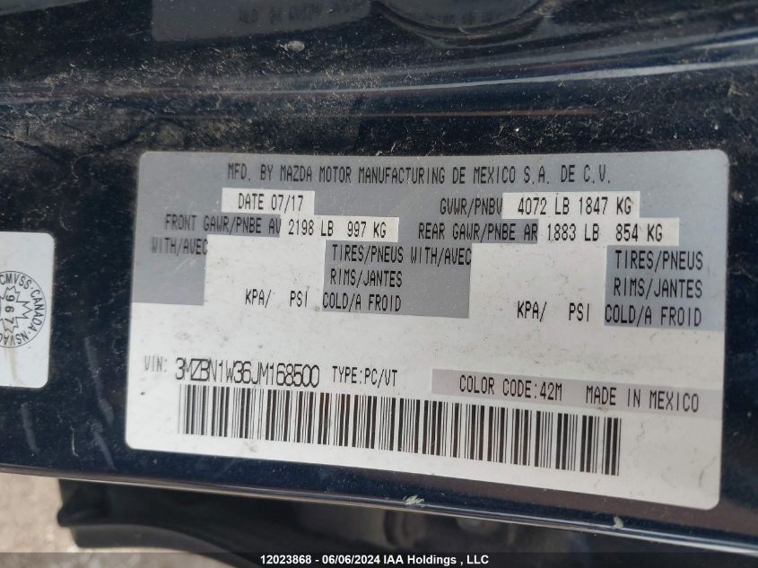 2018 Mazda 3 Grand Touring VIN: 3MZBN1W36JM168500 Lot: 12023868
