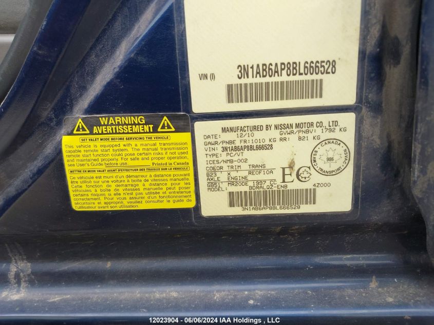 2011 Nissan Sentra 2.0/2.0S/Sr/2.0Sl VIN: 3N1AB6AP8BL666528 Lot: 12023904