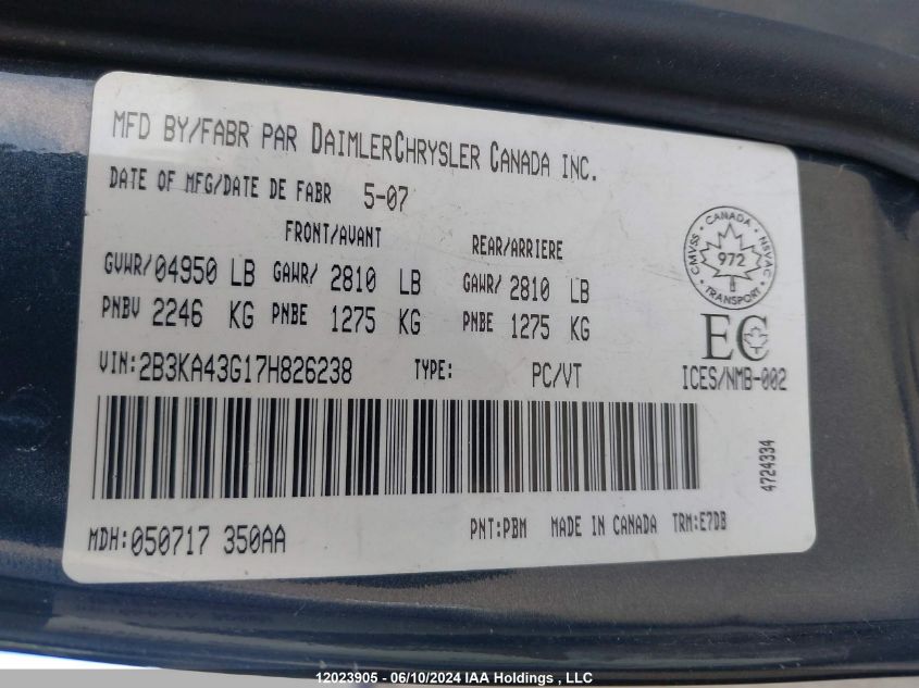 2007 Dodge Charger Se/Sxt VIN: 2B3KA43G17H826238 Lot: 12023905