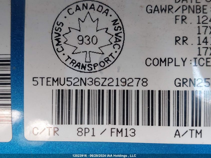 2006 Toyota Tacoma V6 VIN: 5TEMU52N36Z219278 Lot: 12023916