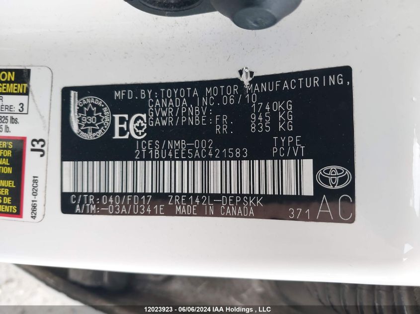 2010 Toyota Corolla Le VIN: 2T1BU4EE5AC421583 Lot: 12023923