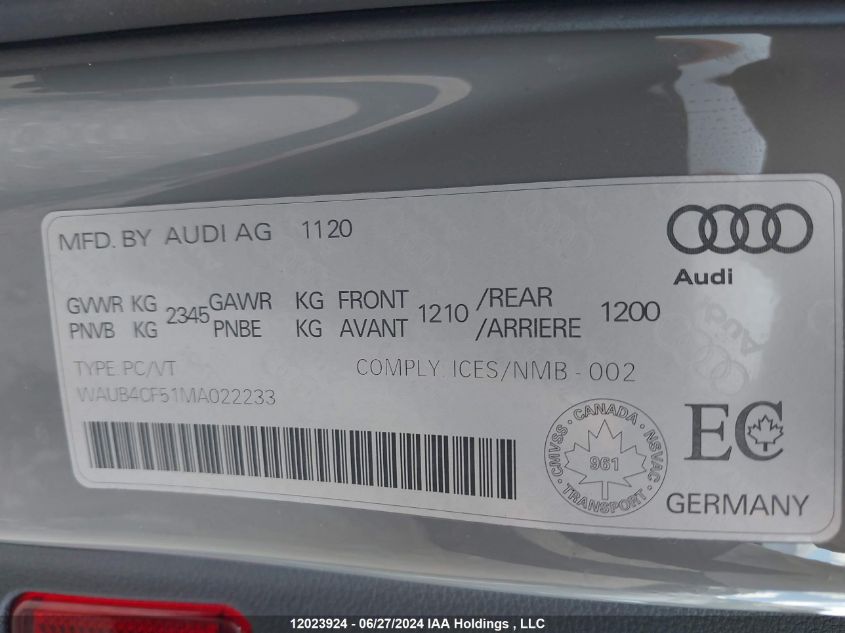 2021 Audi S5 Sportback VIN: WAUB4CF51MA022233 Lot: 12023924