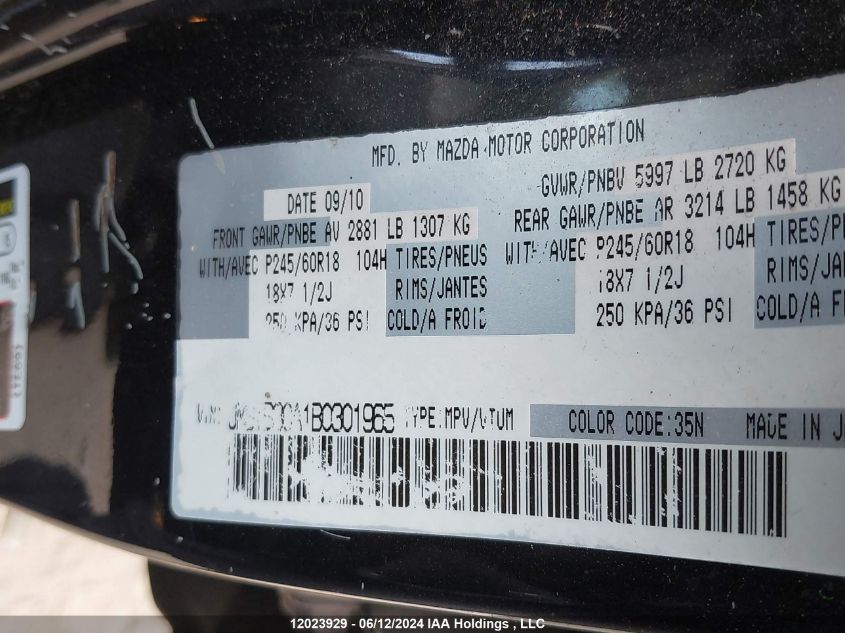 2011 Mazda Cx-9 VIN: JM3TB3CA1B0301965 Lot: 12023929