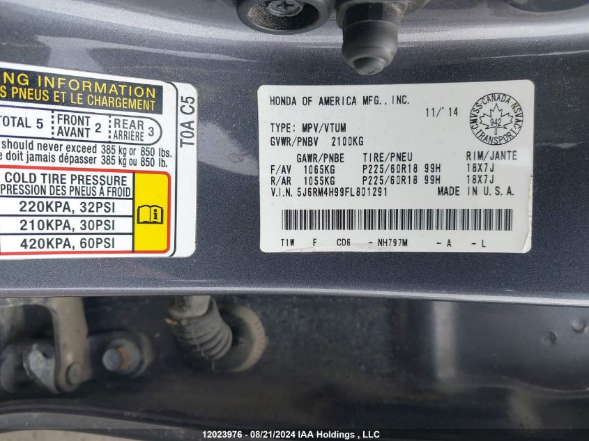 2015 Honda Cr-V Touring VIN: 5J6RM4H99FL801291 Lot: 12023976