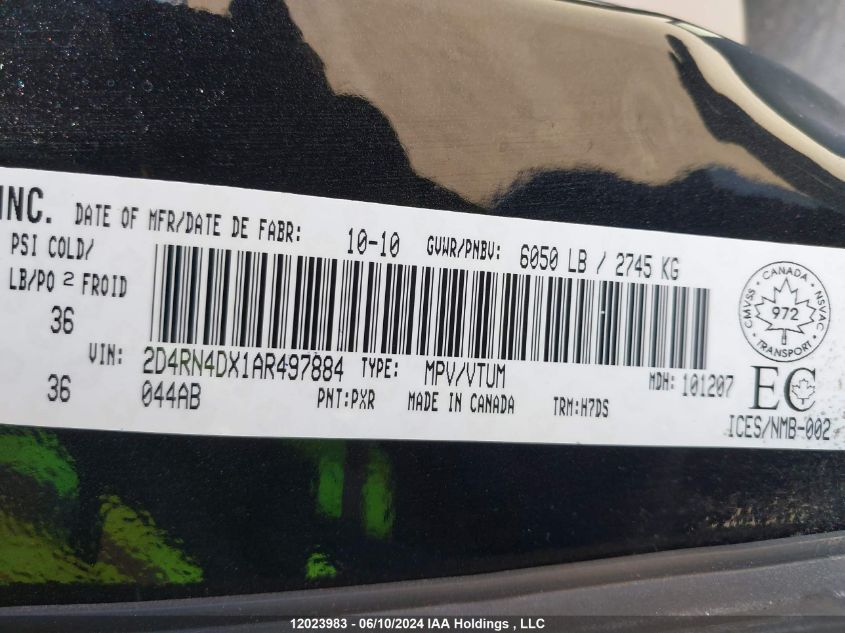 2010 Dodge Grand Caravan Se VIN: 2D4RN4DX1AR497884 Lot: 12023983