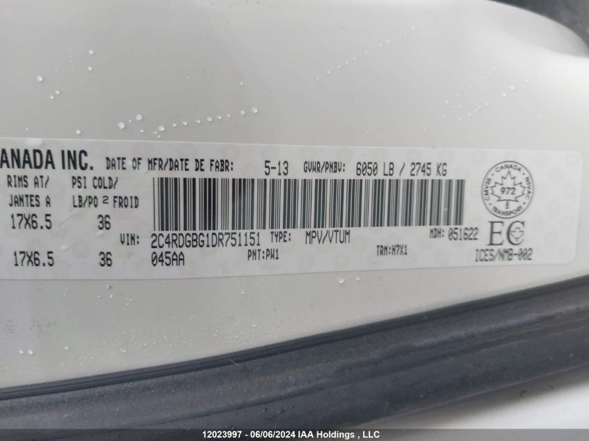 2013 Dodge Grand Caravan Se VIN: 2C4RDGBG1DR751151 Lot: 12023997