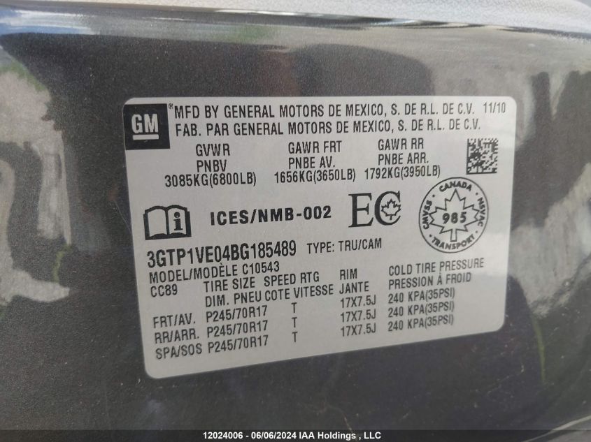 2011 GMC Sierra C1500 Sle VIN: 3GTP1VE04BG185489 Lot: 12024006