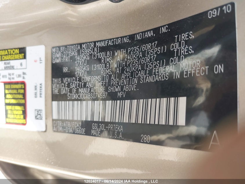 2011 Toyota Sienna Le 8 Passenger VIN: 5TDKK3DCXBS074597 Lot: 12024017