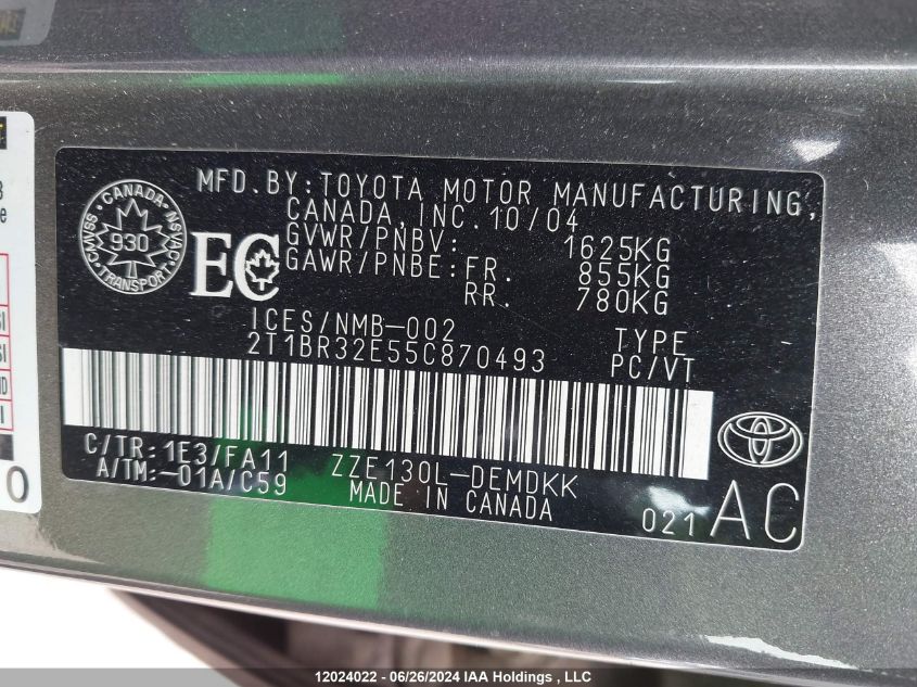 2005 Toyota Corolla Ce/Le/S VIN: 2T1BR32E55C870493 Lot: 12024022