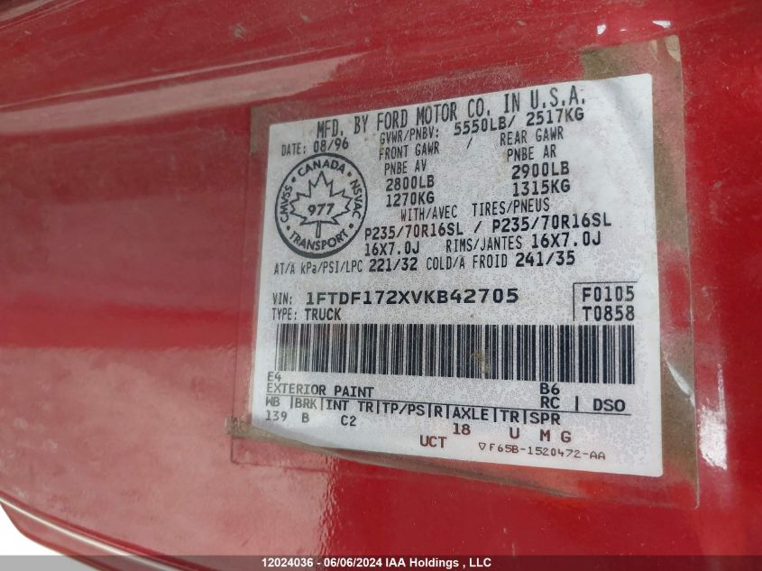 1997 Ford F150 VIN: 1FTDF172XVKB42705 Lot: 12024036