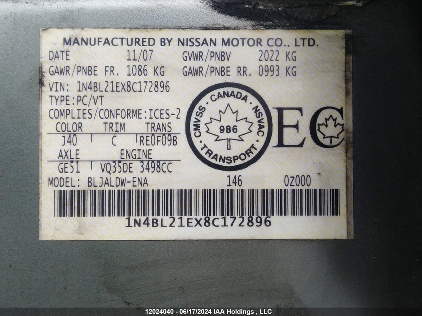 2008 Nissan Altima 3.5Se/3.5Sl VIN: 1N4BL21EX8C172896 Lot: 12024040