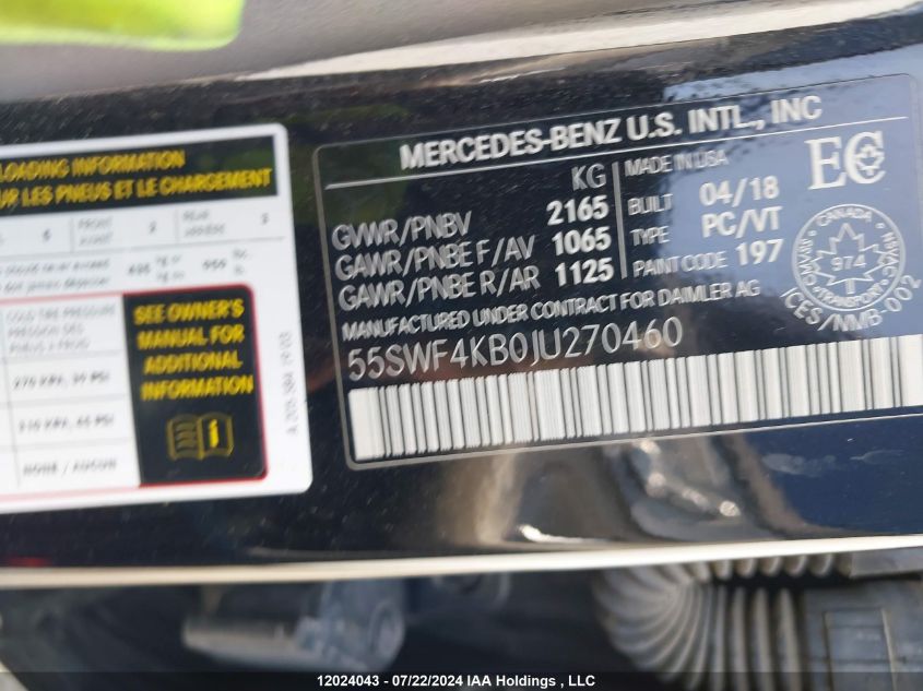 2018 Mercedes-Benz C-Class VIN: 55SWF4KB0JU270460 Lot: 12024043