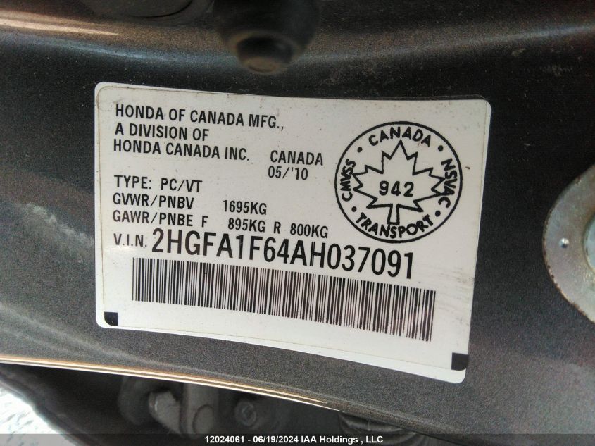 2HGFA1F64AH037091 2010 Honda Civic