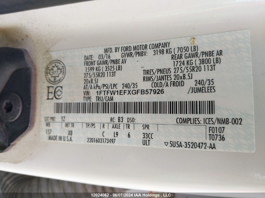 2016 Ford F150 Supercrew VIN: 1FTFW1EFXGFB57926 Lot: 12024062