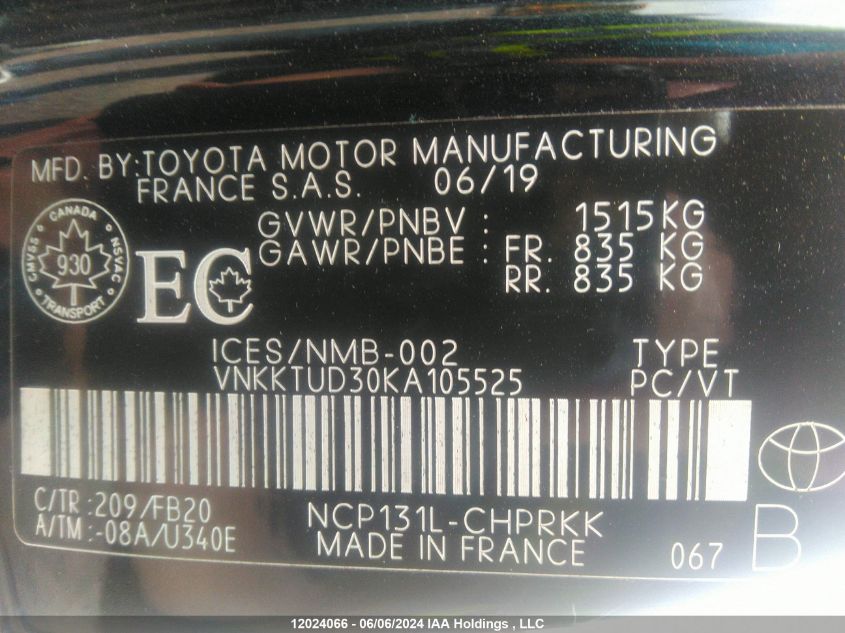 2019 Toyota Yaris L/Le/Se VIN: VNKKTUD30KA105525 Lot: 12024066