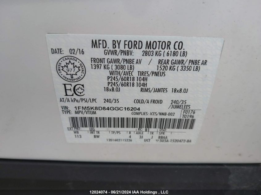 2016 Ford Explorer VIN: 1FM5K8D84GGC16204 Lot: 12024074