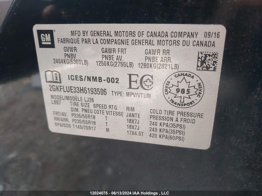 2017 GMC Terrain VIN: 2GKFLUE33H6193506 Lot: 12024075