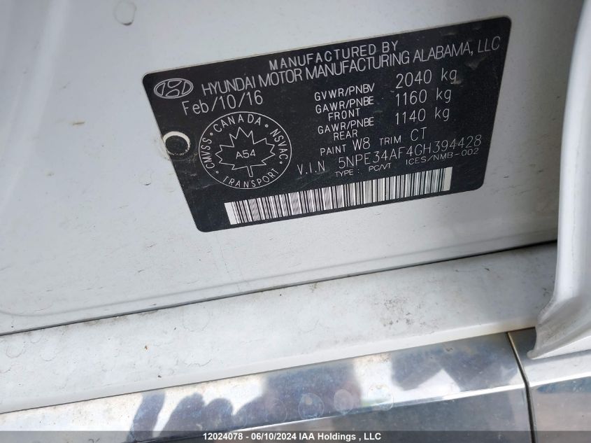 2016 Hyundai Sonata Sport/Limited VIN: 5NPE34AF4GH394428 Lot: 12024078