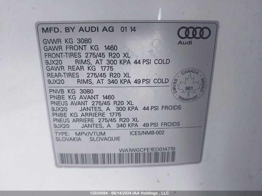 2014 Audi Q7 VIN: WA1WGCFE1ED014719 Lot: 12024084