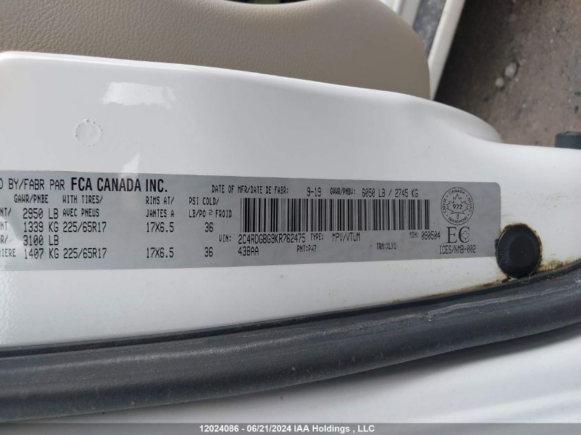 2019 Dodge Grand Caravan Cvp/Sxt VIN: 2C4RDGBG9KR762475 Lot: 12024086